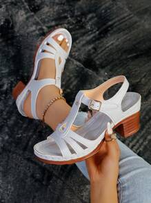 Women's New Solid Color Cut-Out Design Fashion Comfortable Versatile Lightweight Travel High Heel Sandals - Light Grey - View 1