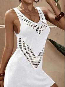 Ausgefallenes geometrisches Muster Strick Überzugkleid, Damen ärmelloses Strick Tankkleider Mini Strandkleid für Frühling/Sommer Urlaub