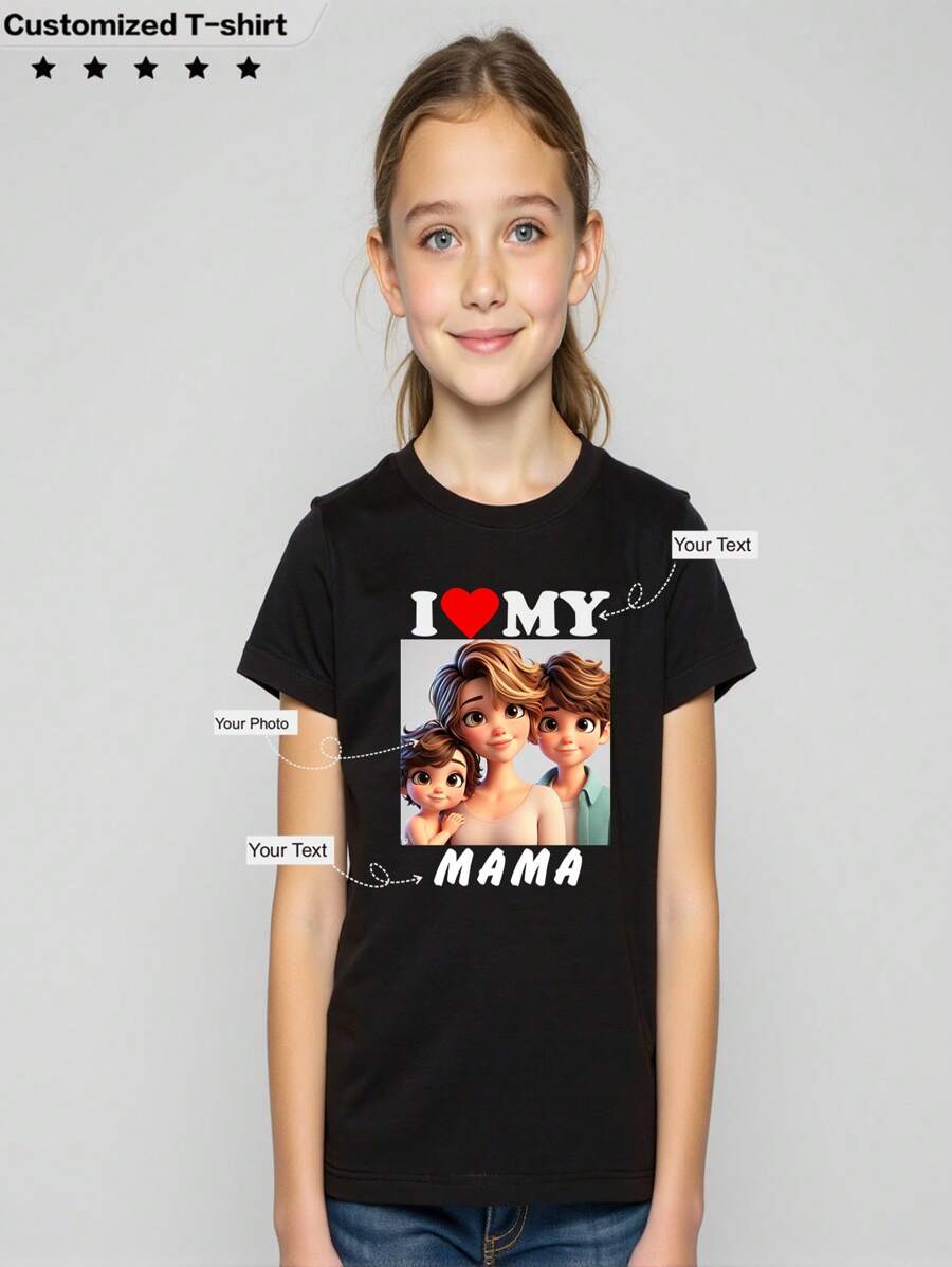Personaliza una camiseta de niña, con estilo deportivo, transpirable, para festivales, con imágenes personalizadas (familia, mascotas, fiesta) y texto exclusivo (fecha) para diseñar tu camiseta impresa personalizada