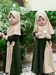 2pcs/Set Girls Spring/Autumn Long Sleeve Bowknot Dress + Headscarf, Cute Elegant Dress For Little Girls, Red And Green, Fashionable Outfit For Photos, Stretchy And Beautiful, Suitable For Middle East