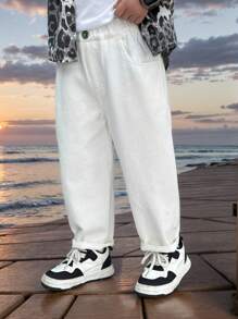 男童春季时尚后口袋卡通刺绣弹力牛仔裤 - 白色 - 查看 2