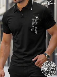 Men's Letter Pattern Basic Lapel Front Button Short Sleeve Retro Casual Rhinestones Bling Polo Shirt, Casual Daily Wear, Suitable For Husband To Go Out, With Casual Pants, Suitable For Travel/Vacation/Outdoor Camping/Sports