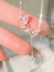 1pc 925 Sterling Silver Triple Heart Tassel Pendant Necklace, Elegant & Sexy Neck Jewelry, Suitable For Wedding, Party, Bride Gift, Valentine's Day Gift - Heart Necklace - View 1