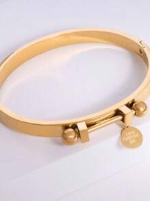 A stainless steel women's party dating work INS style criss cross smooth open bracelet - Yellow Gold - View 2