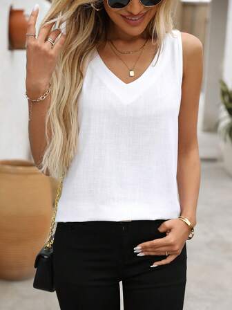 女士高档亚麻休闲衬衫、无袖上衣