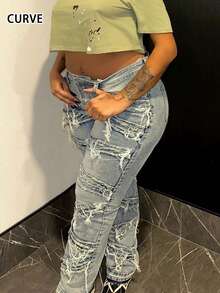 Vintage Distressed Straight Leg Jeans, Washed Skinny Plus Size Women Denim Pants, Streetwear Style, Suitable For Spring And Autumn Casual - Medium Wash - View 4