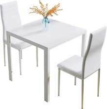 Glass Table And Chairs Set 2, 75cm Square Table With 2 Faux Leather High Back Chairs Modern Dining Room Sets For Home Kitchen Office - White - View 8