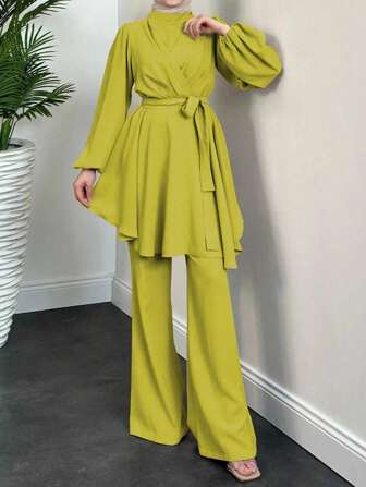 跨境新款穆斯林风格纯色圆领时尚腰部裹身阔腿裤两件套，端庄