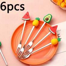 3pcs-Cute Cartoon Fruit Fork Set, Stainless Steel, Multiple Colors, Perfect For Desserts And Cakes, Kitchen And Cutlery,School Supplies