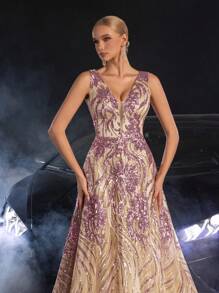 Elisanya Váy dạ hội Maxi sequin hoa thanh lịch với cổ chữ V khoét sâu ấn tượng | Hoàn hảo cho sự kiện thảm đỏ, đám cưới sang trọng hoặc đêm tiệc trang trọng - Bụi hồng - Xem 5