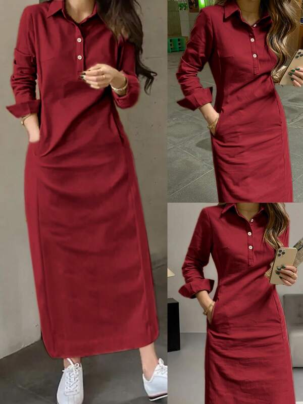 Spring And Autumn New Fashion Elegant Lapel Button Long Sleeve Women's Arabic Dress