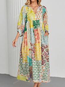 Vestido largo de mujer con mangas de farol, estilo bohemio, con cuello en V, bolsillos y estampado patchwork aleatorio