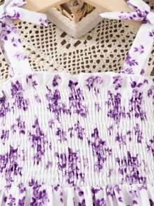 Young Girl Flower Print Sleeveless Bowknot Ruffle Hem Dress - Purple - View 4