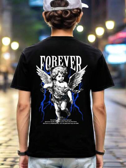 Camiseta de manga corta y cuello redondo con estampado de ángel de la guarda para chicos adolescentes, ropa de uso versátil para diario