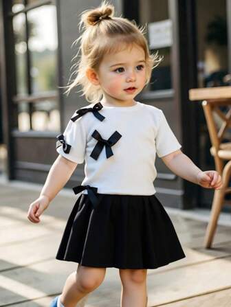 2 Pcs/Set Little Girls Fashion Cute Bow Waffle Knit Top + Simple Solid Color Pleated Skirt