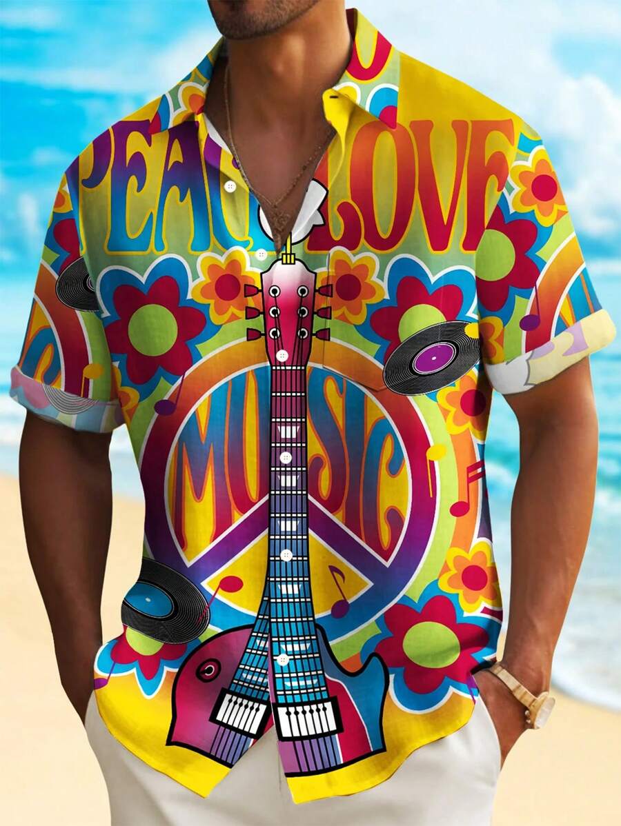Vintage Hippie Music 3D Graphic Print Button Down Aloha Shirt For Men