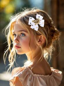 2 件女孩闪亮发夹 - 闪亮光泽心形点缀发饰，金色波尔卡圆点印花发夹，缎带鳄鱼夹，优雅发夹，适合生日、派对、日常佩戴、儿童青少年发饰 - 彩色 - 查看 7