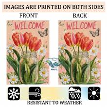 1 Pieza Bandera de jardín de lino de 12x18 pulgadas, con diseño de nido novedoso que presenta flores de bienvenida con mariposas. Diseño para decoración de primavera y verano, decoración rústica de campo, decoración del hogar, decoración exterior, decoración floral de jardín, doble cara vertical, soporte de bandera no incluido