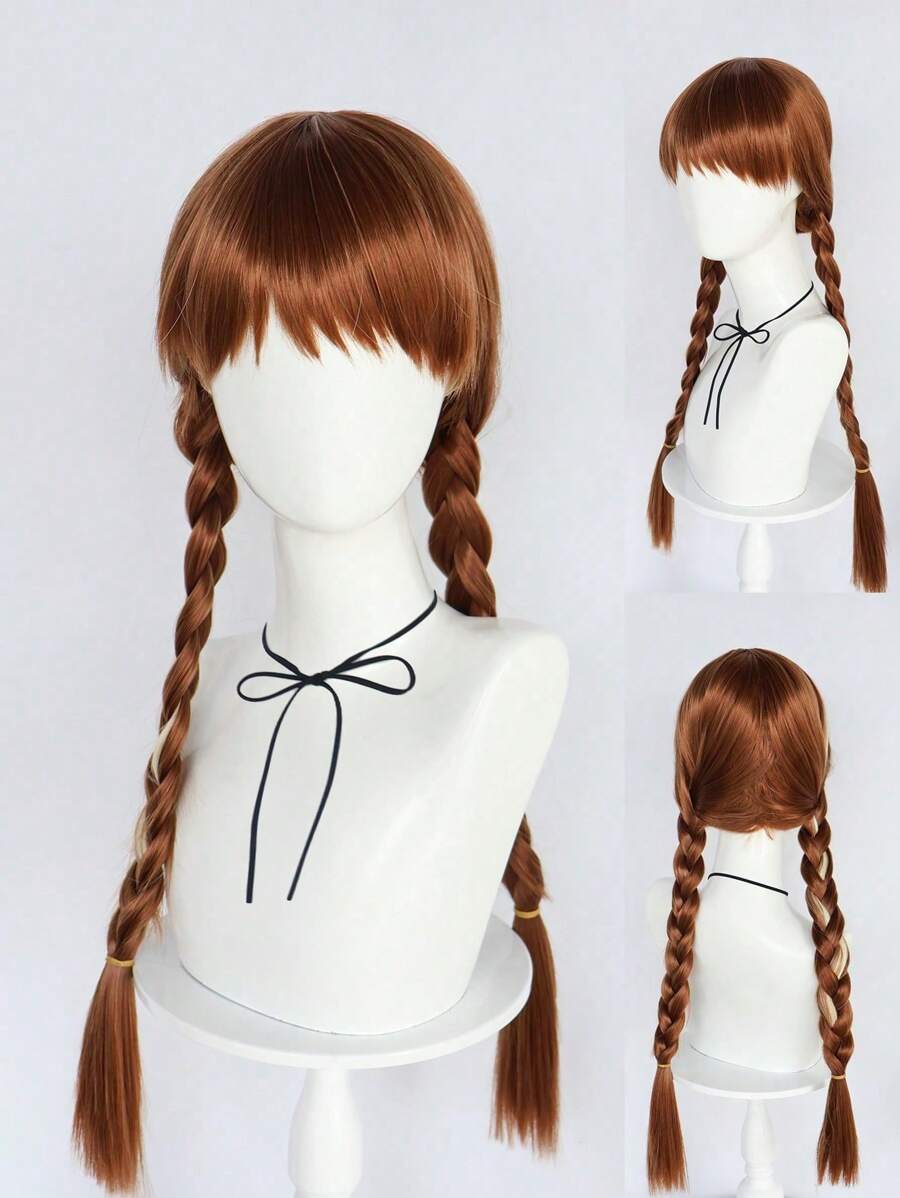 Halloween Long Pigtails Wig With Bangs Brown Mix Blonde Double Long Braided Wigs For Women With Fringe For Daily Party Cosplay Movie Cartoon Character Princess Wig For Woman 28Inch Brown With Blonde Hair Highlights Synthetic Heat Resistant Wig For Holiday Thanksgiving Day Birthday Gifts For Christmas Decorations & 1pc Wig Cap