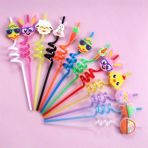 12Pcs Reusable Spiral Straws, Easter Themed Straws, Made Of Pet Material, Suitable For Party Gifts, Perfect For Easter Celebration, Camping Party, School Events, Holiday Parties, Weddings, Parties, Beach Decorations, Easter Gifts, Kitchen Accessories