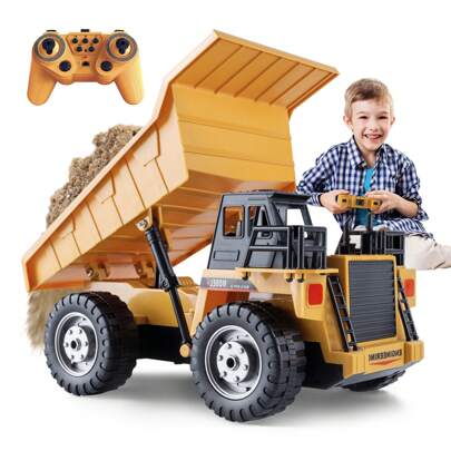 JCMO Remote Control Construction Dump Truck Toy For Kids, 2.4GHz RC 11-Channel With Lights And Sounds, 1:20 Scale Yellow Plastic Engineering Vehicle Model, Superhero Themed Playset, Crank Operation, Suitable For Ages 3+, Ideal Birthday Christmas Gift For Boys 6-12 Years Old
