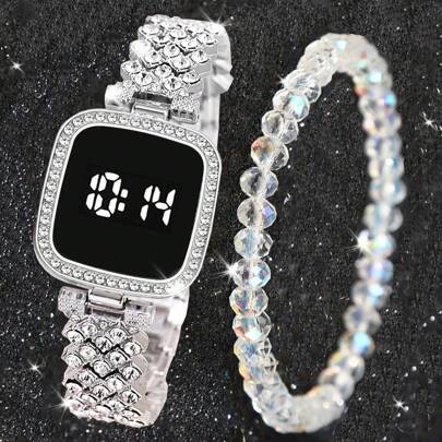 1 Set Women Digital Watch Set FREE Bracelet Square LED Ladies Watch Alloy Student Girl Touch Fashion Electronic Women's Watch