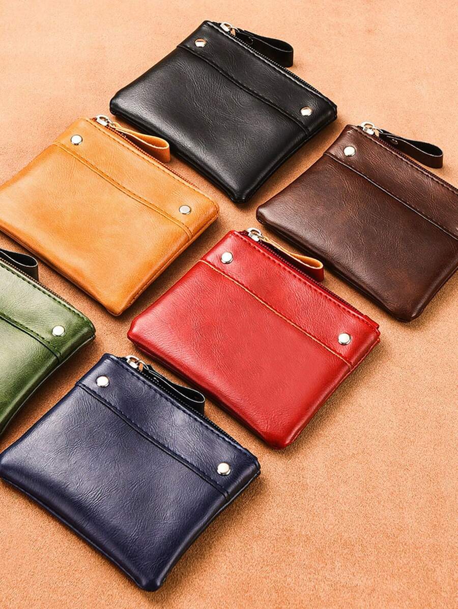 PU Leather Short Wallet, Solid Color Coin Purse, Mini Zipper Card Coin Holder For Students