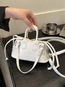 Fashionable Solid Color PU Drawstring Mini Handbag, Metallic Color Crossbody Shell Bag For Women - White - View 4