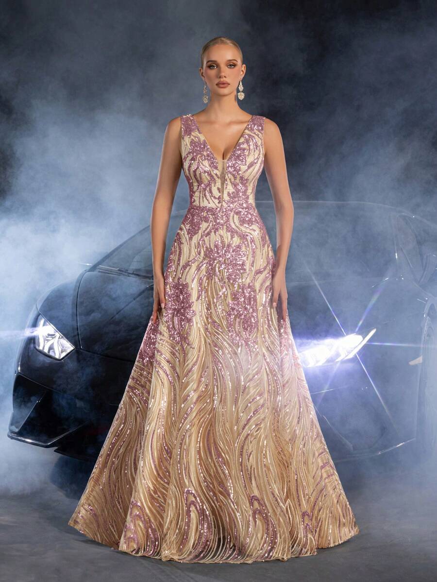 Elisanya Váy dạ hội Maxi sequin hoa thanh lịch với cổ chữ V khoét sâu ấn tượng | Hoàn hảo cho sự kiện thảm đỏ, đám cưới sang trọng hoặc đêm tiệc trang trọng