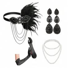 1 Set 4pcs 1920s Flapper Headband, Necklace, Gloves, Feather Accessories For Women Prom