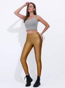 Pantaloni a vita alta attillati in pelle sintetica, pantaloni da donna casual da festival musicale punk, leggings a vita larga neri