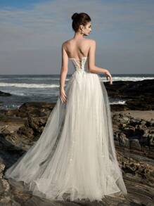 HEARBOBO Noble & Cute Off-Shoulder Vintage Palace Sequin Lace Vacation White Formal Evening Gown Fairy Mesh A-Line Wedding Dresses Bridal,Bride - 白色 - 查看 7