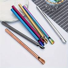 Jokipvy 5pcs Stainless Steel Straws With 1pc Cleaning Brush & Storage Pouch, 2-In-1 Straw And Spoon, Reusable Straight Drinking Straws For Bubble Tea, Milkshakes, Juice, Cocktails, Kitchen, Party, Bar Accessories