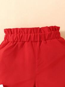 Top fără mâneci cu imprimeu cireș drăguț pentru fetițe, cu set de pantaloni scurți cu fundă 3D, vine cu bandă pentru cap