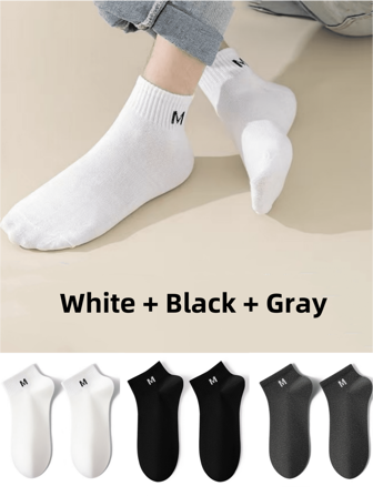 1/3/6 双男/女短款薄款踝袜，纯黑/白/灰色，带字母 M 设计，简约休闲低帮乐福袜，适合日常穿着和露营