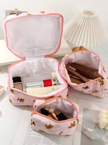 1 PC Pink Striped Bear Make Up Bag,Halloween,Trick Or Treat,Fashionable And Casual Large Capacity Portable Zipper Makeup Bags,Travel Storage Stationery Storage,Vacation Essentials Cosmetic Bags For Pouch Pads,Wired Earphones,Earpods,Headphones,Charger,Lipsticks,Cosmetics,Perfume,Skin Care And Beauty Products,Home Decor,For Mom,Women,Nurses,Students,School Girls,Keys,Holiday Gifts