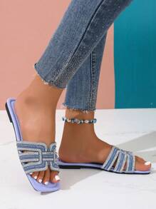 女士闪亮水钻装饰奢华平底一脚蹬凉鞋，春夏时尚休闲系带户外拖鞋，舒适平跟圆头沙滩鞋 - 藍色 - 查看 5