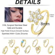 IRONBOX 9Pcs Stainless Steel Nose Ring Hoop Stud Paved CZ Leaf Flower Crawler Nose Ear Cartilage For Women Nose Ear Piercing Hoop