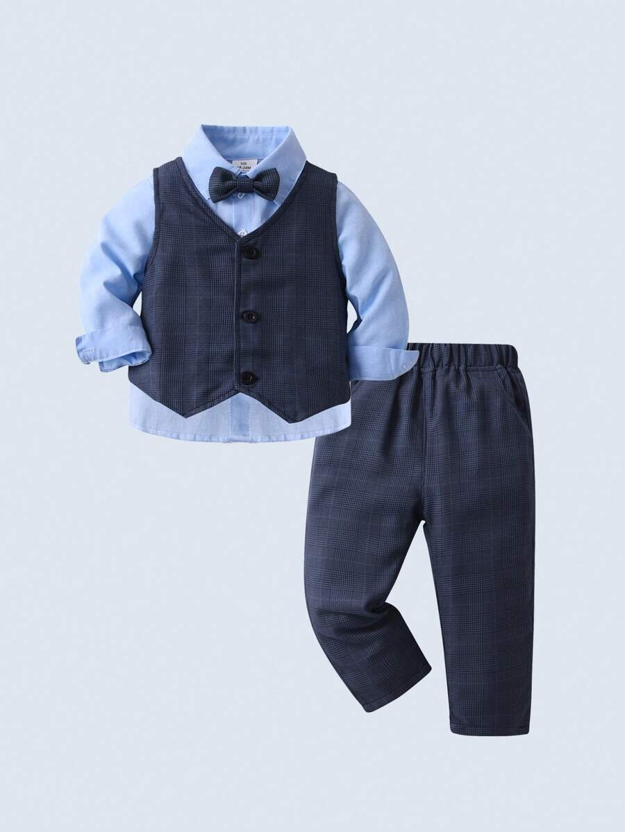 BOARNSEORL 3pcs Young Boys Gentleman Outfit - Blue Long Sleeve Shirt, Plaid Vest With Bow Tie, And Pants, Fashionable And Elegant For Formal Occasions Like Parties, Weddings, And Celebrations - Blue - View 1