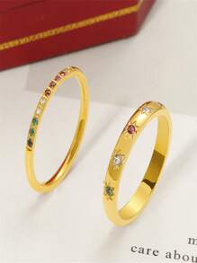 1pc Unique Design Minimalist Style 18K Gold-Plated Stainless Steel Cubic Zirconia Layered Ring For Women