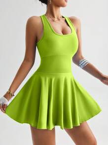 TCVC Women Seamless Knit Pocket Casual Dress, Racerback, Sleeveless Square Neck Tennis Dress For Indoor Outdoor Sports & Yoga, Soft Skin-Friendly Fabric, Bodycon Shaping - 青檸色 - 查看 3