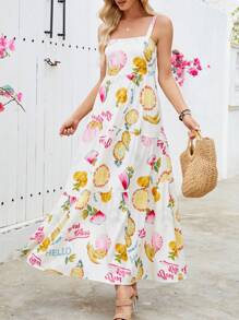 水果阳光海滩度假休闲随机印花喇叭长款吊带连衣裙，波西米亚风格夏季连衣裙