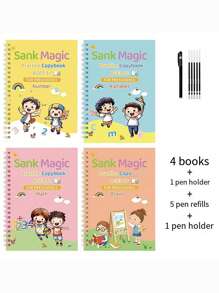 Sank Magic Practice Copybook, (4 Books + 10 REFILL+1 Pen +1 Grip) Number Tracing Book For Preschoolers With Pen, Magic Calligraphy Copybook Set Practical Reusable Writing Tool Simple Hand Lettering - Multicolor - View 9