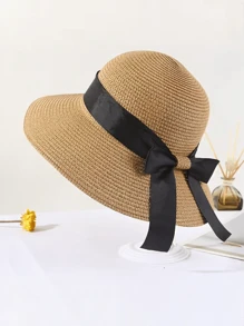 1pc Women's Wide Brim Sun Hat With Black Woven Band, Fashionable Straw Hat For Beach - Hat - View 7