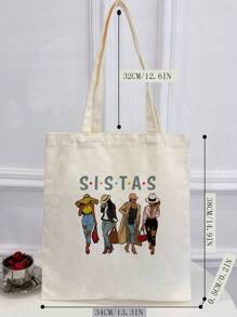 Printed Sisters Pattern Canvas Shoulder Bag, Fashion Tote Bag, Handbag For Women. Suitable For Work, Shopping, Students, Outdoor Activities, Gift