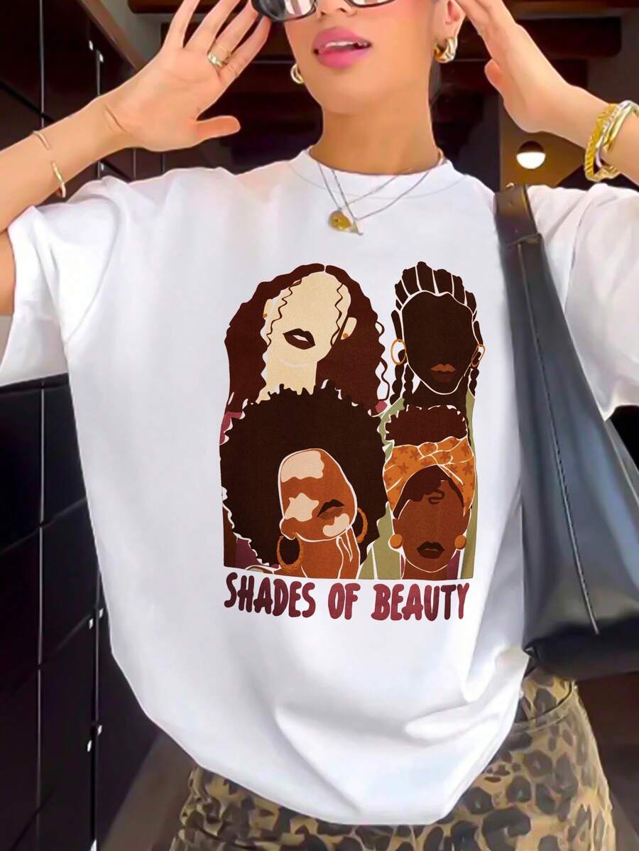 女士宽松白色图案 T 恤，肖像印花，休闲百搭家居户外穿着，柔软舒适，时尚