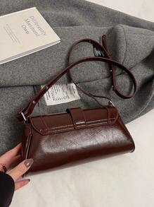 1pc Coffee PU Motorcycle Crossbody Bag, Niche Chic Sweet Hot Girl Design Shoulder Bag, High-End Quality Versatile Baguette Handbag