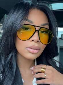 1pc Women's Fashion Oversize Double Bridge Aviator Frame Glasses
