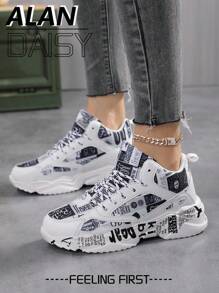 女士全新全随机图案撞色前系带休闲跑鞋，舒适百搭运动鞋，适合日常、校园和街头穿着，增高 - 黑與白 - 查看 2