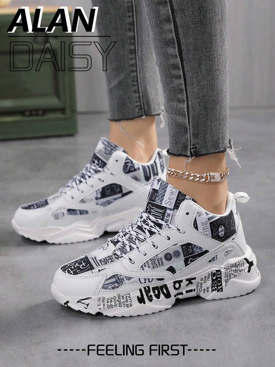 女士全新全随机图案撞色前系带休闲跑鞋，舒适百搭运动鞋，适合日常、校园和街头穿着，增高